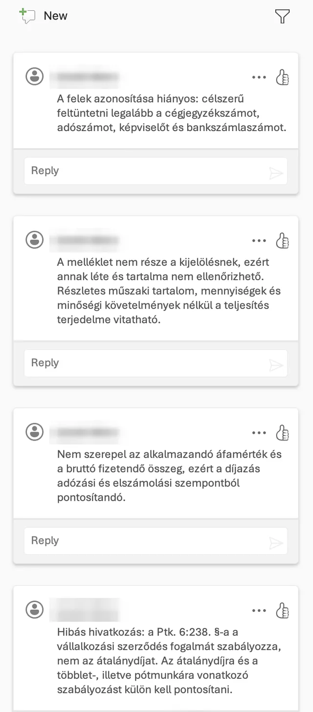 A Word Megjegyzések panelje a beszúrt lektori észrevételekkel, mindegyik alatt Válasz mezővel.